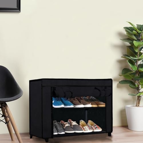 PHILOSHOP 2-Layer Shoe Rack with Fabric Shelves & Cover – Space Saving Shoe Organizer for Entryway, Closet, or Bedroom Black - Image 3