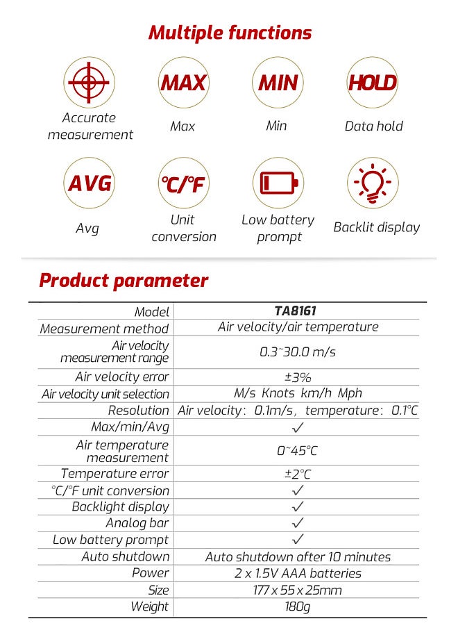 TASI TA8161 Digital Anemometer High Precision Handheld Anemograph Wind Velocity Indicator Air Velocity Air Temperature Measurement