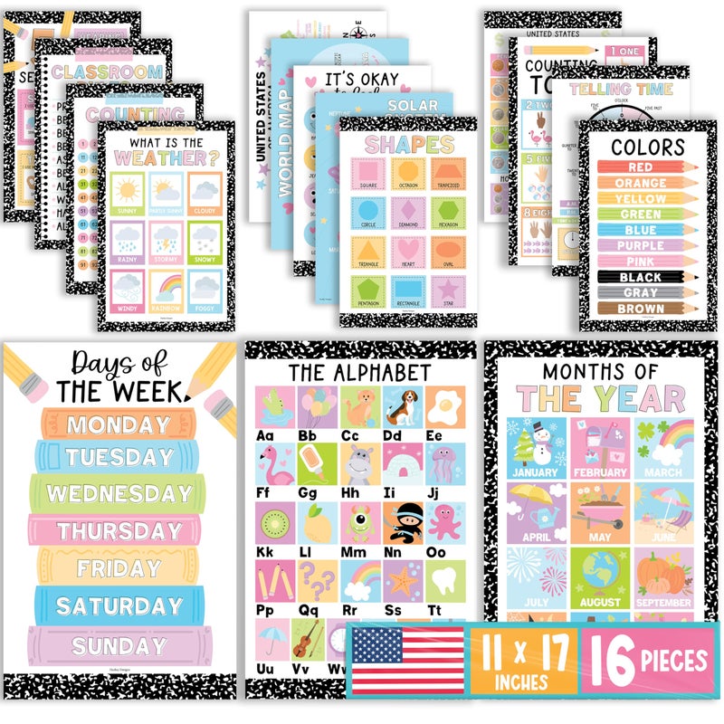 Hadley Designs 16 Educational Posters for Classroom Must Haves Laminated PreK Posters for Toddler Homeschool Essentials Toddler Preschool Learning Activities Kindergarten Classroom Decor - Image 2