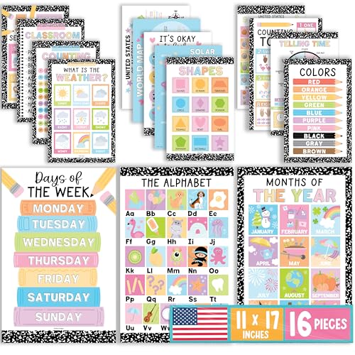 Hadley Designs 16 Educational Posters for Classroom Must Haves Laminated PreK Posters for Toddler Homeschool Essentials Toddler Preschool Learning Activities Kindergarten Classroom Decor - Image 1