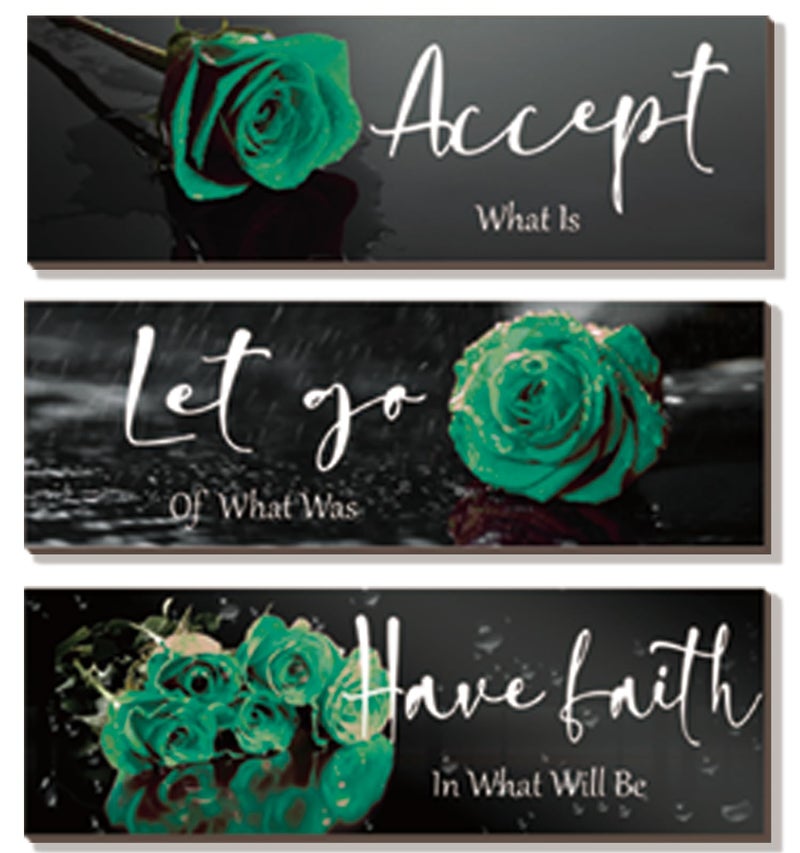ZINYAZHE 3 Pcs Green Wall Decor Inspirational Green Bathroom Wall Decor Wooden Green Rose Wall Art Office Wall Decor With Accept Let Go Have Faith Quotes For Girl Women Bathroom Bedroom(Green 12 X 4 Inch) - Image 1
