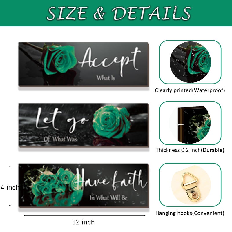 ZINYAZHE 3 Pcs Green Wall Decor Inspirational Green Bathroom Wall Decor Wooden Green Rose Wall Art Office Wall Decor With Accept Let Go Have Faith Quotes For Girl Women Bathroom Bedroom(Green 12 X 4 Inch) - Image 4