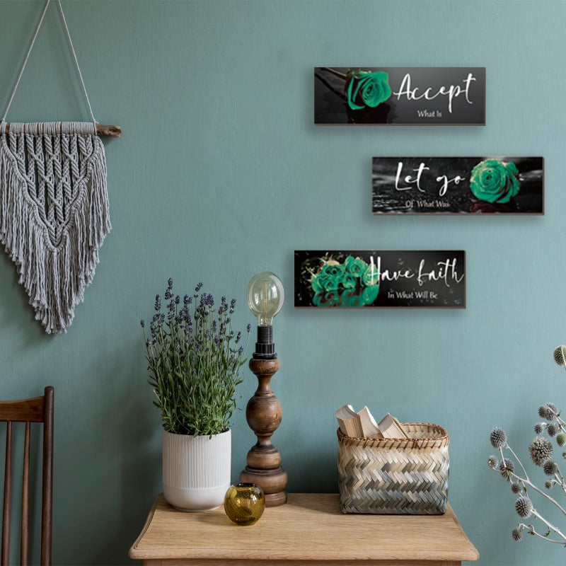 ZINYAZHE 3 Pcs Green Wall Decor Inspirational Green Bathroom Wall Decor Wooden Green Rose Wall Art Office Wall Decor With Accept Let Go Have Faith Quotes For Girl Women Bathroom Bedroom(Green 12 X 4 Inch) - Image 2
