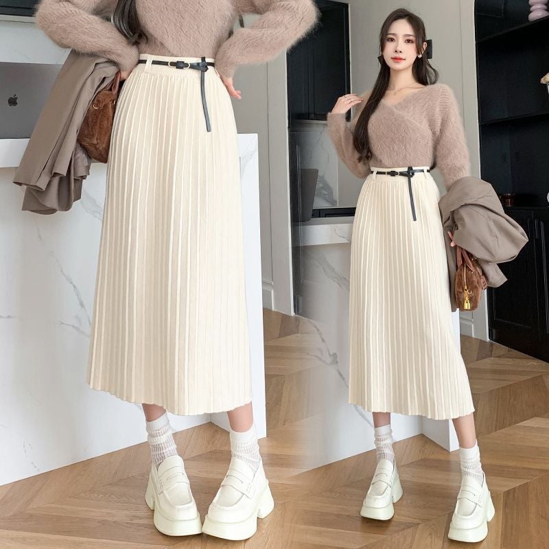 Xiao Xiang Style Knitted Skirt High Waist Belt Hip Covering Slimming Draped Skirt Over Knee Mid-Length Hip Skirt - Image 1