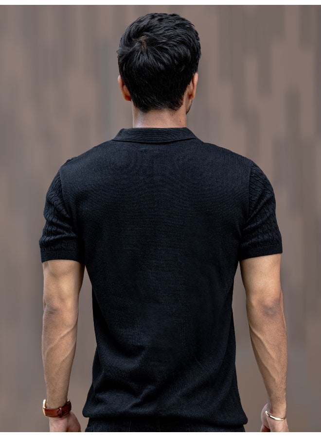 Maniac Mens black ripple knit polo t-shirt - Image 3