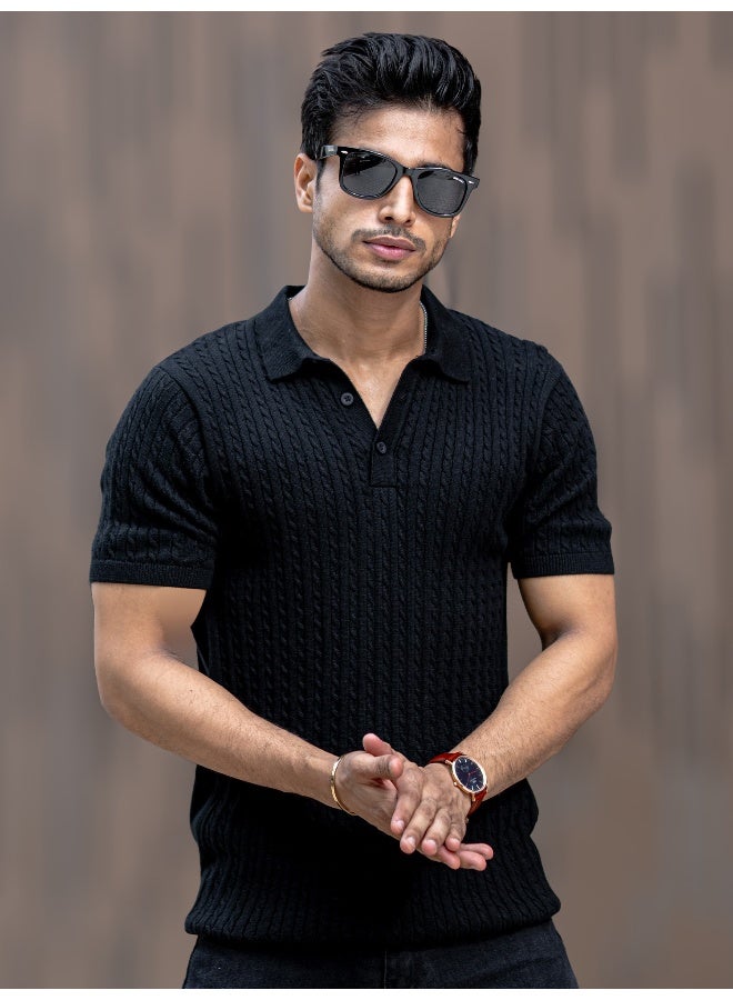Maniac Mens black ripple knit polo t-shirt - Image 1