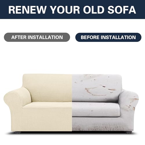 Cupuamon 2025 New Stretch Sofa Slipcovers Couch Cover for 3 Cushion Furniture Protector Sofa Covers with Elastic Bottom Jacquard Fabric Small Checks for Pets, Kids -Sofa, Beige - Image 5