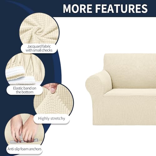 Cupuamon 2025 New Stretch Sofa Slipcovers Couch Cover for 3 Cushion Furniture Protector Sofa Covers with Elastic Bottom Jacquard Fabric Small Checks for Pets, Kids -Sofa, Beige - Image 4
