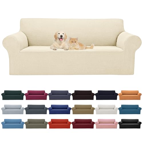 Cupuamon 2025 New Stretch Sofa Slipcovers Couch Cover for 3 Cushion Furniture Protector Sofa Covers with Elastic Bottom Jacquard Fabric Small Checks for Pets, Kids -Sofa, Beige - Image 1