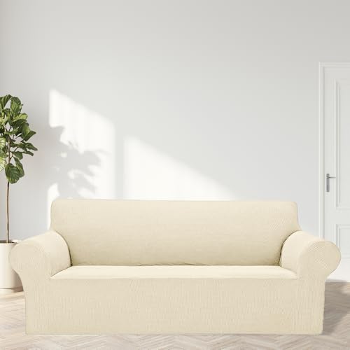 Cupuamon 2025 New Stretch Sofa Slipcovers Couch Cover for 3 Cushion Furniture Protector Sofa Covers with Elastic Bottom Jacquard Fabric Small Checks for Pets, Kids -Sofa, Beige - Image 3