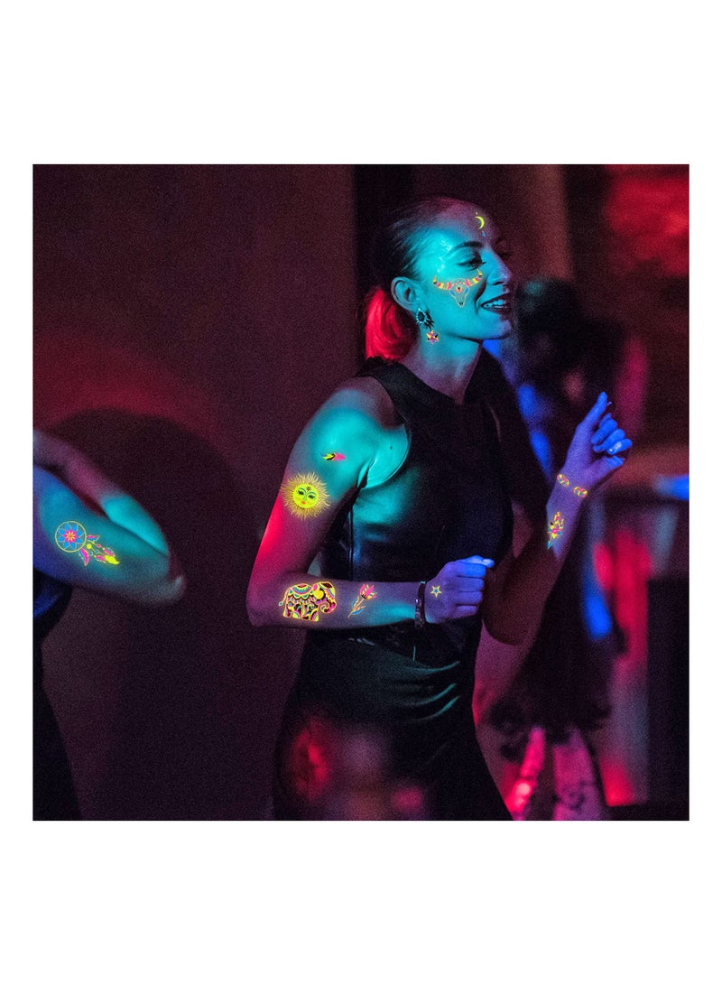 8 Assorted Large Glow in the Dark Metallic Gold Temporary Tattoos - UV Neon Peacock Feather & Mandala Flower Designs, Waterproof Body Art Stickers for Women, Men, and Girls. - Image 3