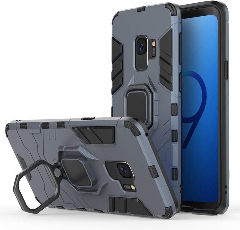 مايجين متوافق مع حافظة Galaxy S9، حلقة معدنية للمقبض وحامل صدمات مقاوم للصدمات (يعمل مع حامل السيارة المغناطيسي) غطاء متين مزدوج الطبقة لـ Samsung Galaxy S9 (أزرق بحري) - Image 1