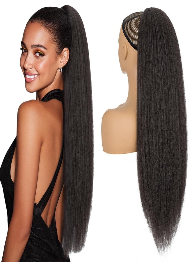 S-noilite Long Yaki Straight Ponytail Extension for Black Women 24 inch Drawstring Wrap Around Yaki Ponytails Dark Brown Thick Kinky Straight Pony Tail Hair Extensions(Dark Brown) - Image 1