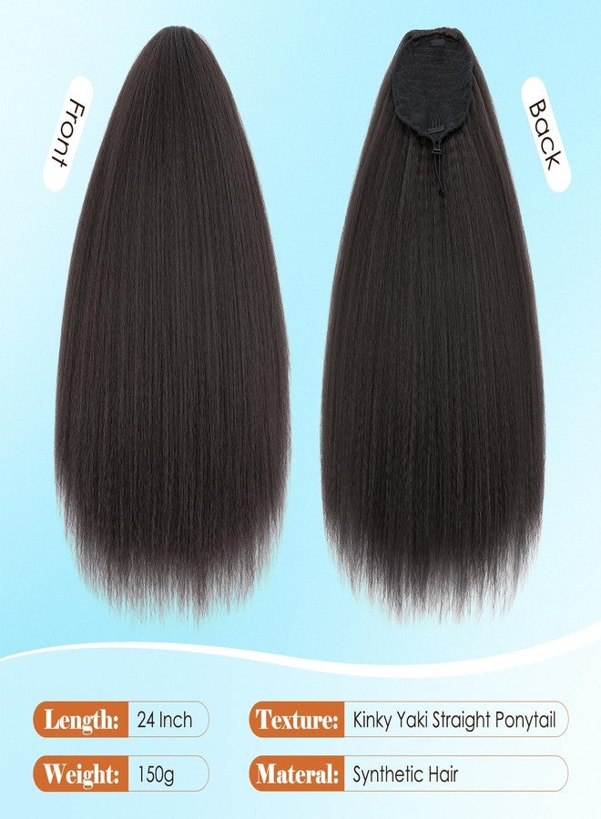 S-noilite Long Yaki Straight Ponytail Extension for Black Women 24 inch Drawstring Wrap Around Yaki Ponytails Dark Brown Thick Kinky Straight Pony Tail Hair Extensions(Dark Brown) - Image 3