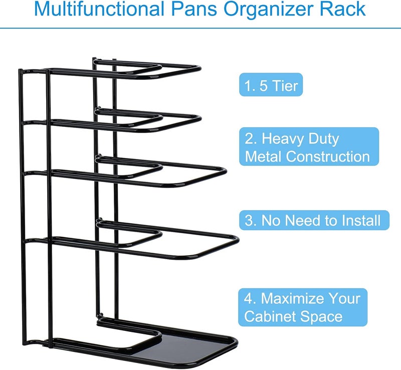 TopLife Heavy Duty Pan Organizer, 5 Tier Pot and Pan Organizer Rack for Cast Iron Skillets, Griddles and Pots - Sturdy Steel Construction- No Assembly Required - Black - Image 3