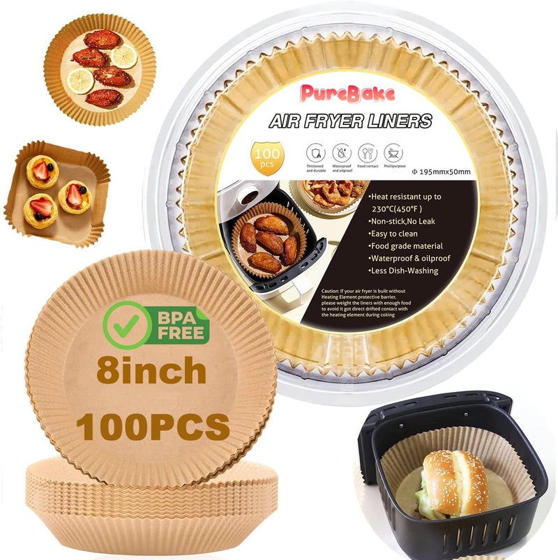 PureBake Liners Parchment Disposable Microwave Non-Stick Air Fryer Disposable Paper Liner for Microwave, Non-Stick Air Fryer Liners Square Free of Bleach (8IN) Round Brown - Image 1