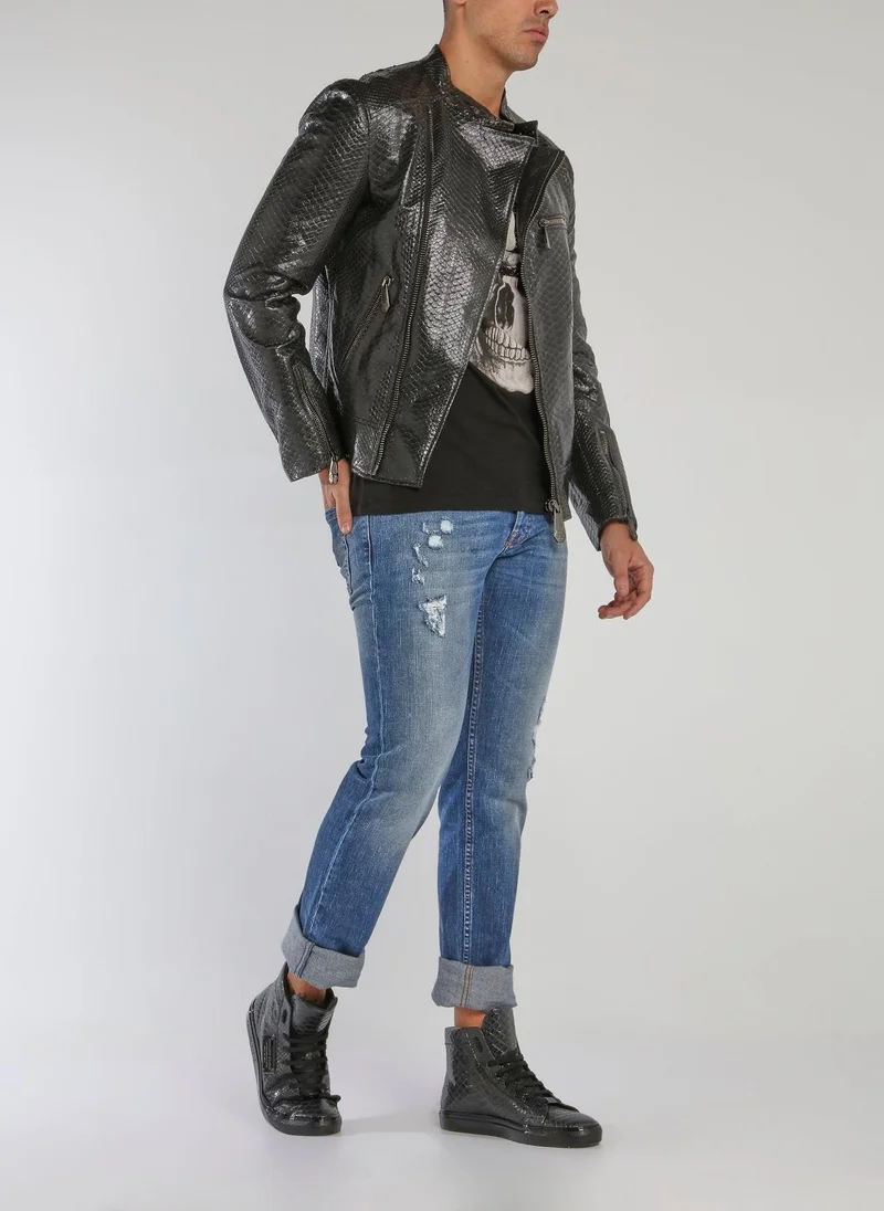 PHILIPP PLEIN Black Reptile Moto Jacket