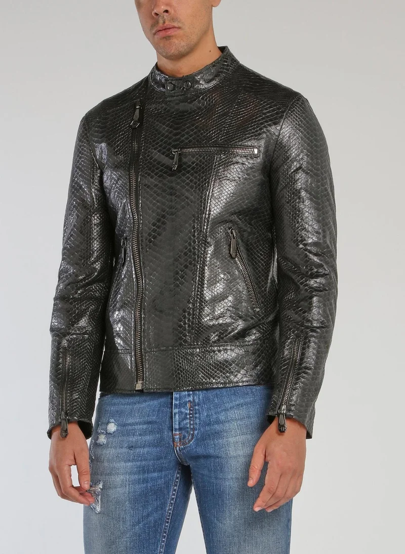 PHILIPP PLEIN Black Reptile Moto Jacket