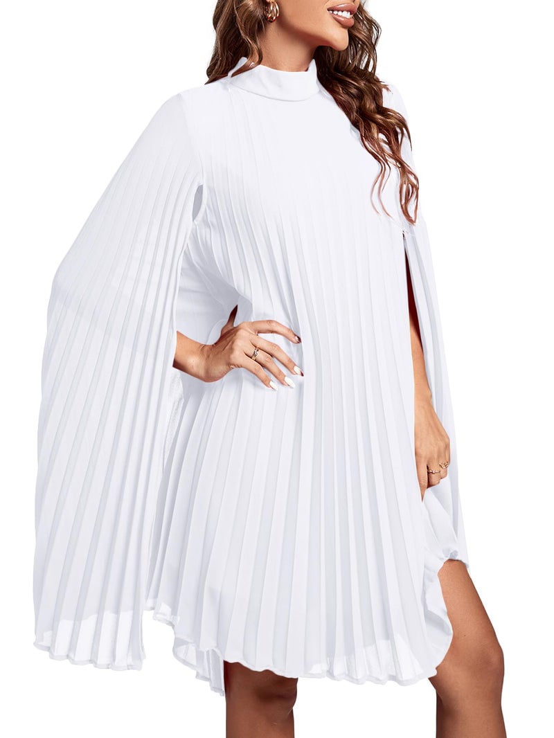 Rooscier Women's Pleated Mock Neck Cloak Sleeve Keyhole Back Flowy Party Midi Dress Plain White Medium - Image 3