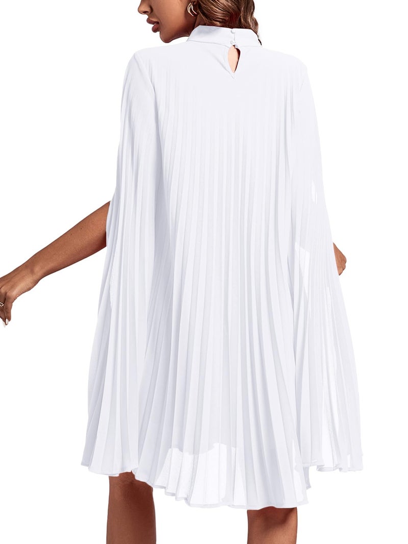 Rooscier Women's Pleated Mock Neck Cloak Sleeve Keyhole Back Flowy Party Midi Dress Plain White Medium - Image 2