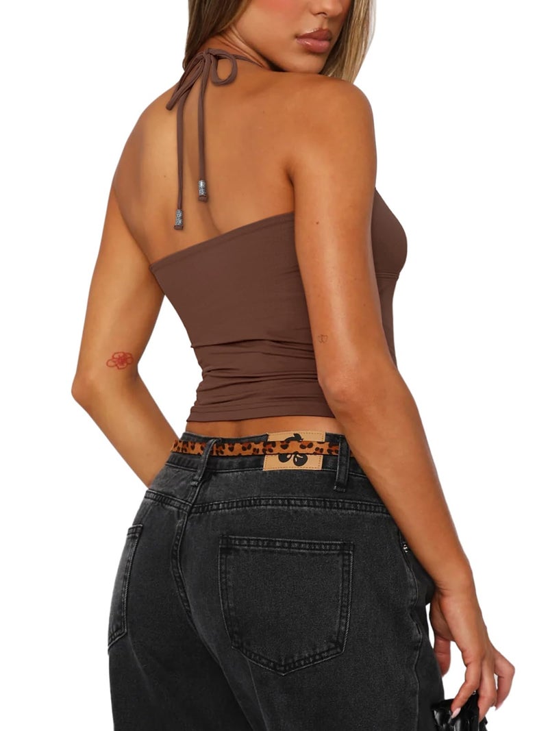 REORIA Women's Sexy Halter Open Back Double Lined Cami Shirt Going Out Y2k Trendy Sleeveless Yoga Crop Tops Clothes for Teen Girls Night Out Coffee X-Small - Image 2
