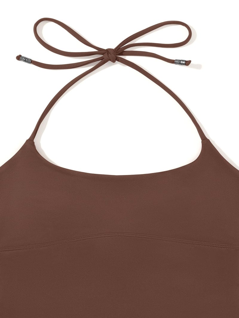 REORIA Women's Sexy Halter Open Back Double Lined Cami Shirt Going Out Y2k Trendy Sleeveless Yoga Crop Tops Clothes for Teen Girls Night Out Coffee X-Small - Image 5