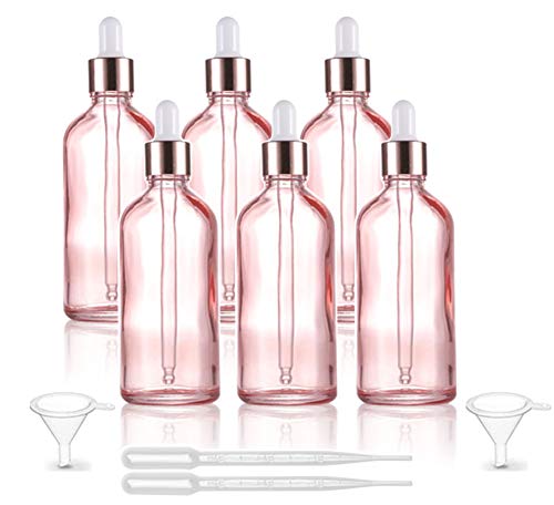 Furnido 6 Pcs,3.4 Oz Pink Glass Dropper Bottle for Essential Oils,Empty Glass Massage Oil Bottle Holder With Glass Reagent Pipette,Aromatherapy Perfume Travel Vial Container-FREE Pipette,Funnel included - Image 1