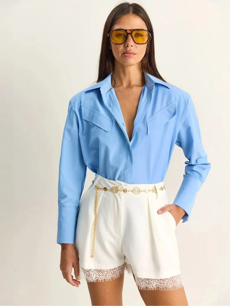 بيانكو لوتشي LUCCI Casual Long Sleeve Button Up Poplin Shirt with Pocket