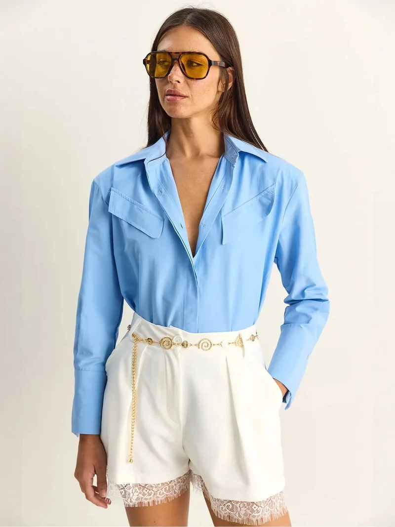 بيانكو لوتشي LUCCI Casual Long Sleeve Button Up Poplin Shirt with Pocket