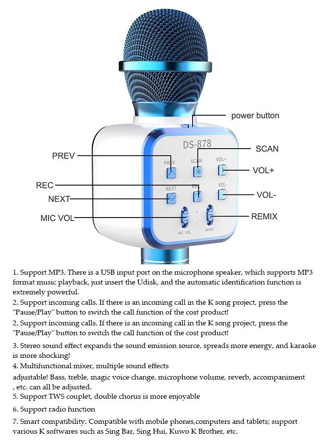 DUNISO - Karaoke Microphone, Wireless Bluetooth Microphone, Magic Sound Effects, Portable Handheld Devices, Compatible With All Smartphones, Children's And Adult Gift Toys, Blue Microphone - Image 1