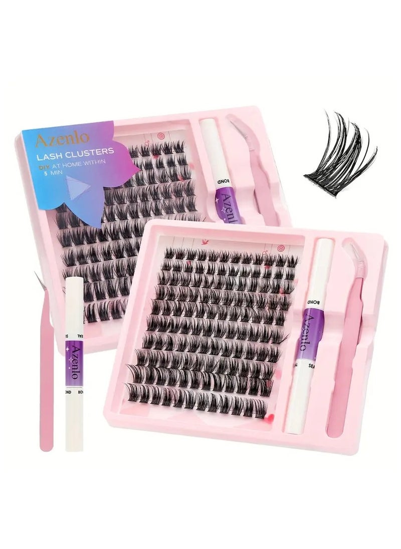 Azenlo - DIY Lash Clusters Kit with Glue & Tweezers, 120 Clusters 3D Curl Mixed Lengths 10-16mm, Large Volume Self-Application False Eyelashes, Comfortable Wear, Reusable - Image 1
