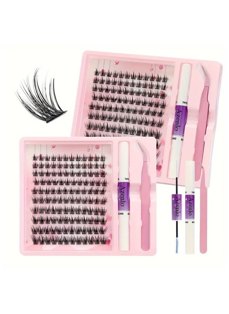 Azenlo - DIY Lash Clusters Kit with Glue & Tweezers, 120 Clusters 3D Curl Mixed Lengths 10-16mm, Large Volume Self-Application False Eyelashes, Comfortable Wear, Reusable - Image 1