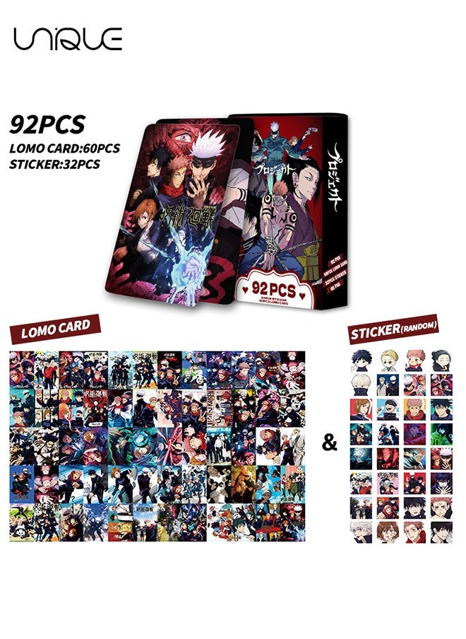 Unique 92 Pieces Jujutsu Kaisen Lomo Card - Laser Card - 60Pieces Double-sided LOMO Card - 30 Pcs Random stickers - HD Color Printed Collector Card Sticker - Photo card decoration for collector fans  - Image 1