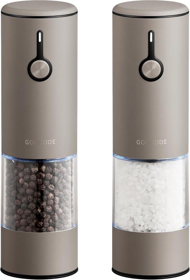 GORMODE Stainless Steel Rechargeable Electric Salt and Pepper Grinder Set, USB Charging with Dust Cover, 6 Adjustable Grinding Modes + LED Light 2pack，Brown - Image 1