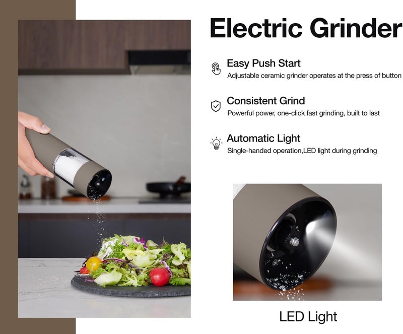 GORMODE Stainless Steel Rechargeable Electric Salt and Pepper Grinder Set, USB Charging with Dust Cover, 6 Adjustable Grinding Modes + LED Light 2pack，Brown - Image 2