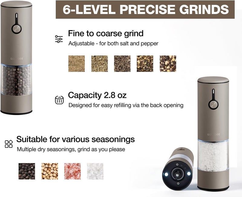 GORMODE Stainless Steel Rechargeable Electric Salt and Pepper Grinder Set, USB Charging with Dust Cover, 6 Adjustable Grinding Modes + LED Light 2pack，Brown - Image 5