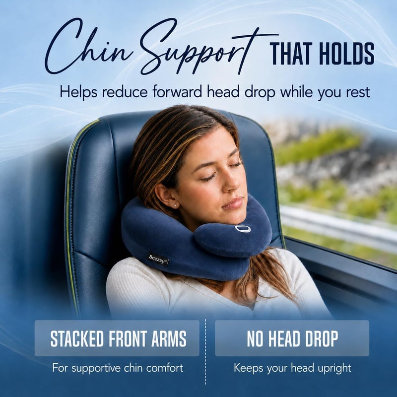 BCOZZY Flat Back Travel Neck Pillow – Patented Neck Pain Relief & Support for Head, Neck, and Chin. Ideal for Airplanes, Long Flights, Car Rides. Adjustable, Washable, with Carry Bag. Large, Navy - Image 3