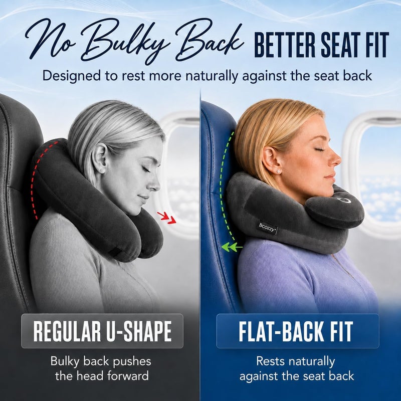 BCOZZY Flat Back Travel Neck Pillow – Patented Neck Pain Relief & Support for Head, Neck, and Chin. Ideal for Airplanes, Long Flights, Car Rides. Adjustable, Washable, with Carry Bag. Large, Navy - Image 4