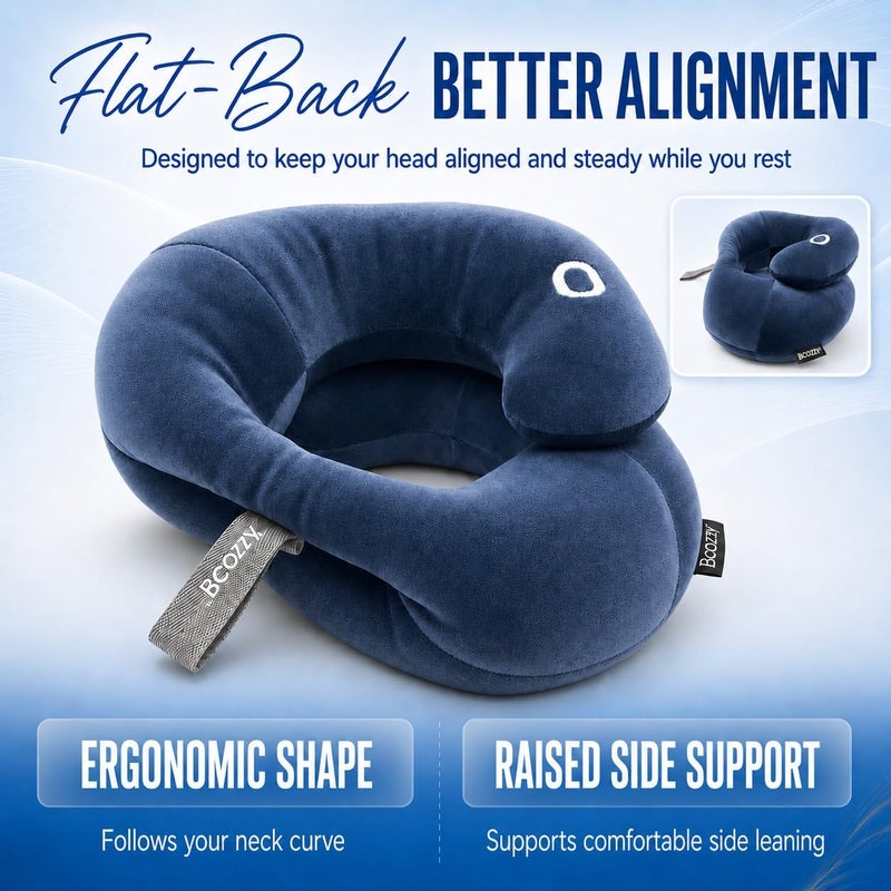 BCOZZY Flat Back Travel Neck Pillow – Patented Neck Pain Relief & Support for Head, Neck, and Chin. Ideal for Airplanes, Long Flights, Car Rides. Adjustable, Washable, with Carry Bag. Large, Navy - Image 2