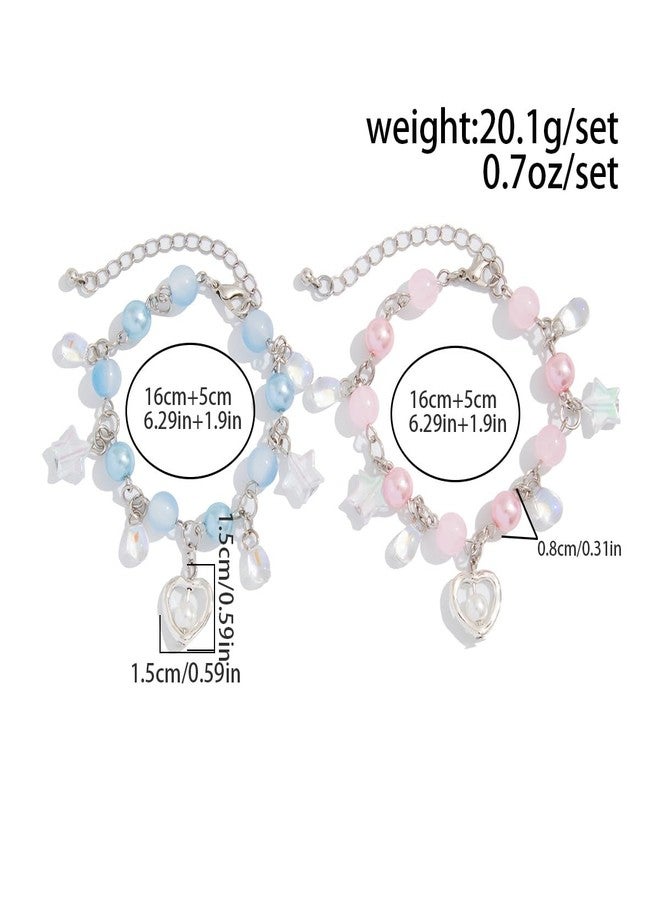QRH 2PCS Punk Y2K Love Heart Matching Bracelet for Women Men Cool Y2K Pearl Blue Pink Love Heart Beaded Bracelets Set Aesthetic Grunge Punk Beads Bracelet for Couples Friends Jewelry Gifts - Image 2