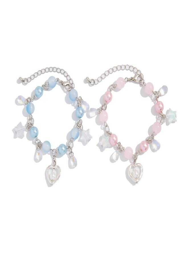 QRH 2PCS Punk Y2K Love Heart Matching Bracelet for Women Men Cool Y2K Pearl Blue Pink Love Heart Beaded Bracelets Set Aesthetic Grunge Punk Beads Bracelet for Couples Friends Jewelry Gifts - Image 1