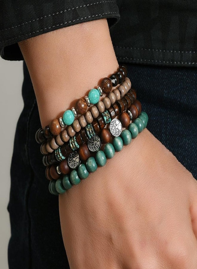 VKSG Tree of Life Beaded Stretch Bracelets Set for Women & Men, 5-Piece Handmade Wooden Bead & Lava Stone Stackable Western Boho Bracelets, Adjustable Grunge Wristbands Birthday Jewelry Gifts - Image 2