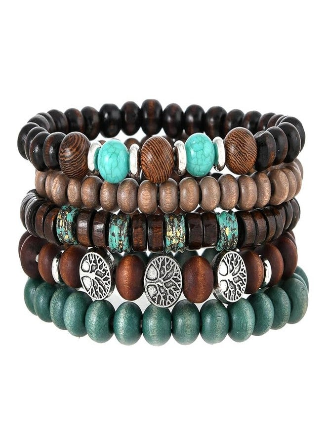 VKSG Tree of Life Beaded Stretch Bracelets Set for Women & Men, 5-Piece Handmade Wooden Bead & Lava Stone Stackable Western Boho Bracelets, Adjustable Grunge Wristbands Birthday Jewelry Gifts - Image 1