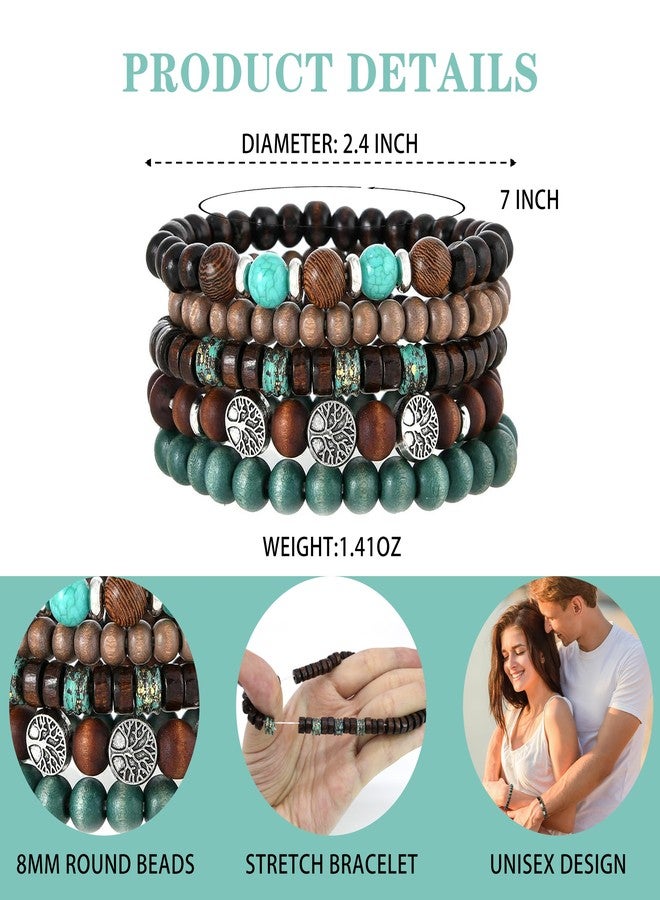 VKSG Tree of Life Beaded Stretch Bracelets Set for Women & Men, 5-Piece Handmade Wooden Bead & Lava Stone Stackable Western Boho Bracelets, Adjustable Grunge Wristbands Birthday Jewelry Gifts - Image 4