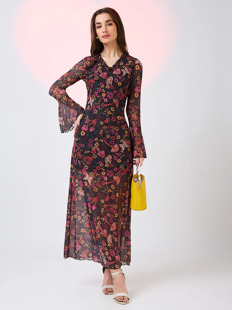 globus Globus Women Floral Printed V-Neck Bell Sleeves Midi Sheath Dress
