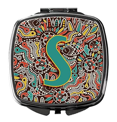 Caroline's Treasures CJ2013-SSCM Letter S Retro Tribal Alphabet Initial Compact Mirror Decorative Travel Makeup Mirror for Women Girls Gifts Pocket Makeup Mirror Folding Handheld - Image 1