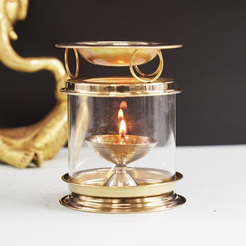 XOMARK Aromatherapy Oil Model Akhand Diya for Pooja Brass Oil lamp with Glass Cover Akhand Deepak for Spiritual use
