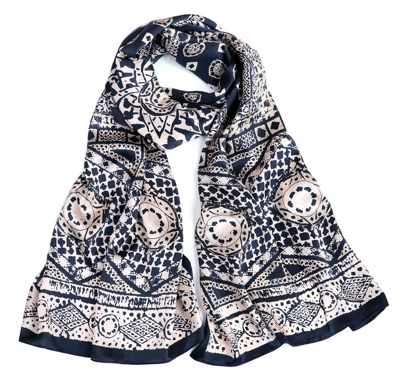 MEISEE 100% Mulberry Silk Long Scarf for Women Large Oblong Sunscreen Shawls Wraps Neck Headscarf Hair Wraps with Gift Packed (Black+beige) - Image 1