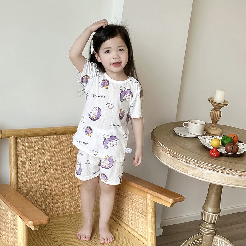 80-130 Bamboo Fiber Short-Sleeved Suit For Boys And Girls Baby Summer Intimates Thin Breathable Pajamas Home Clothing Summer