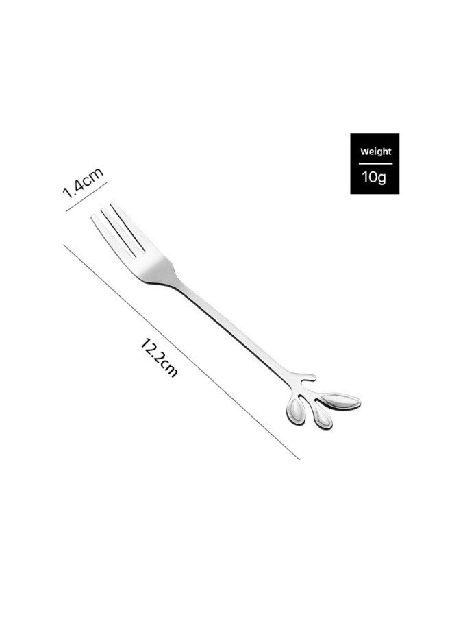 Stainless Steel Short Handle Leaf Spoon Fork Golden Fruit Fork Dessert Spoon Creative Home Coffee Spoon Cute Cake Fork-Color:Silver Leaf Fork - Image 1